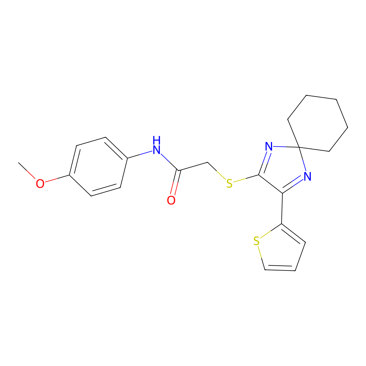 N-(4-methoxyphenyl)-2-((3-(thiophen-2-yl)-1,4-diazaspiro[4.5]deca-1,3-dien-2-yl)thio)acetamide molecular structure, CAS 1223984-91-5