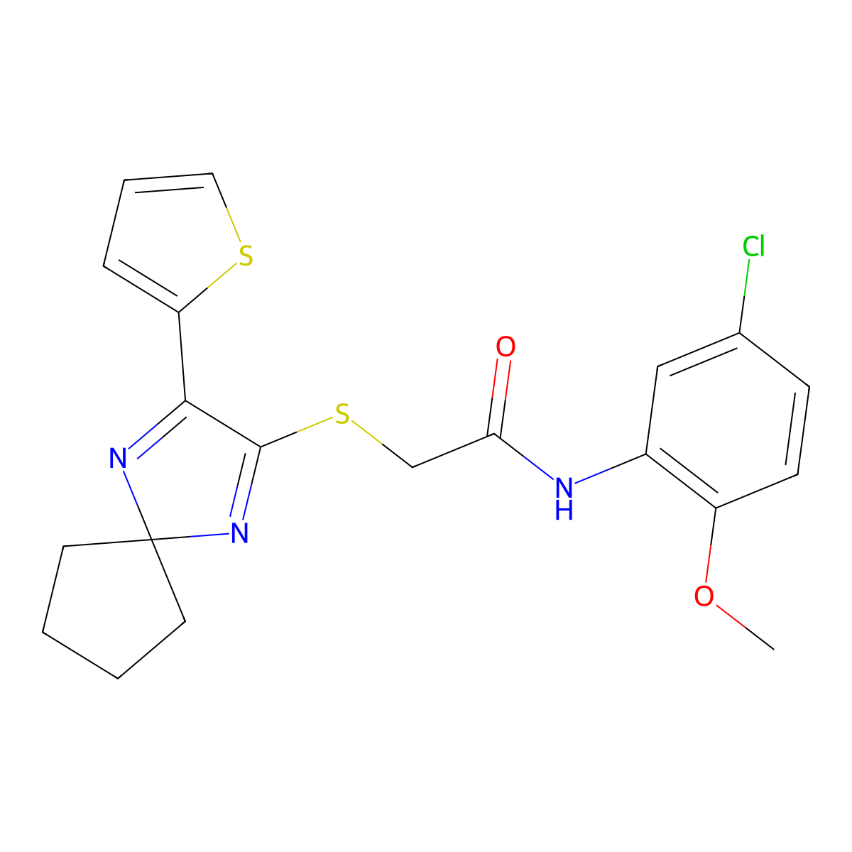 N-(5-chloro-2-methoxyphenyl)-2-((3-(thiophen-2-yl)-1,4-diazaspiro[4.4]nona-1,3-dien-2-yl)thio)acetamide molecular structure, CAS 1223985-20-3
