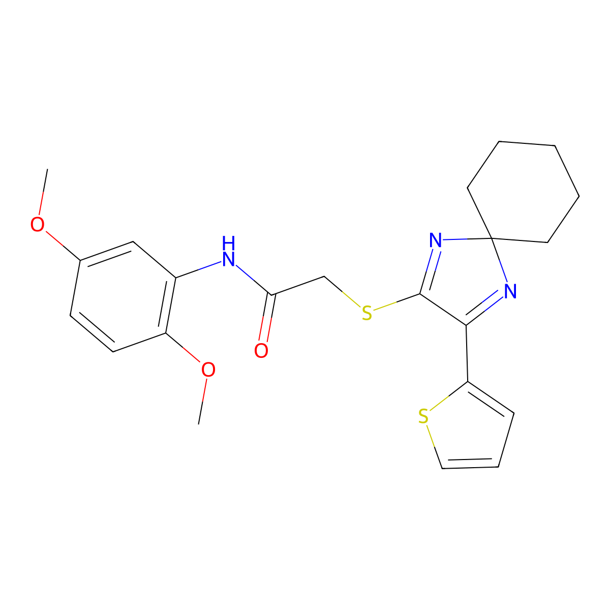 N-(2,5-dimethoxyphenyl)-2-((3-(thiophen-2-yl)-1,4-diazaspiro[4.5]deca-1,3-dien-2-yl)thio)acetamide molecular structure, CAS 1223985-67-8