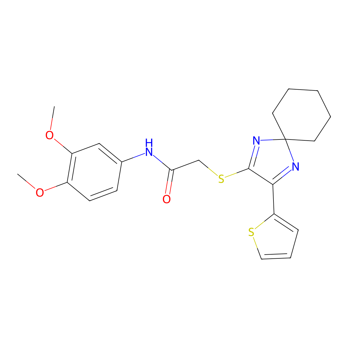 N-(3,4-dimethoxyphenyl)-2-((3-(thiophen-2-yl)-1,4-diazaspiro[4.5]deca-1,3-dien-2-yl)thio)acetamide molecular structure, CAS 1223989-15-8