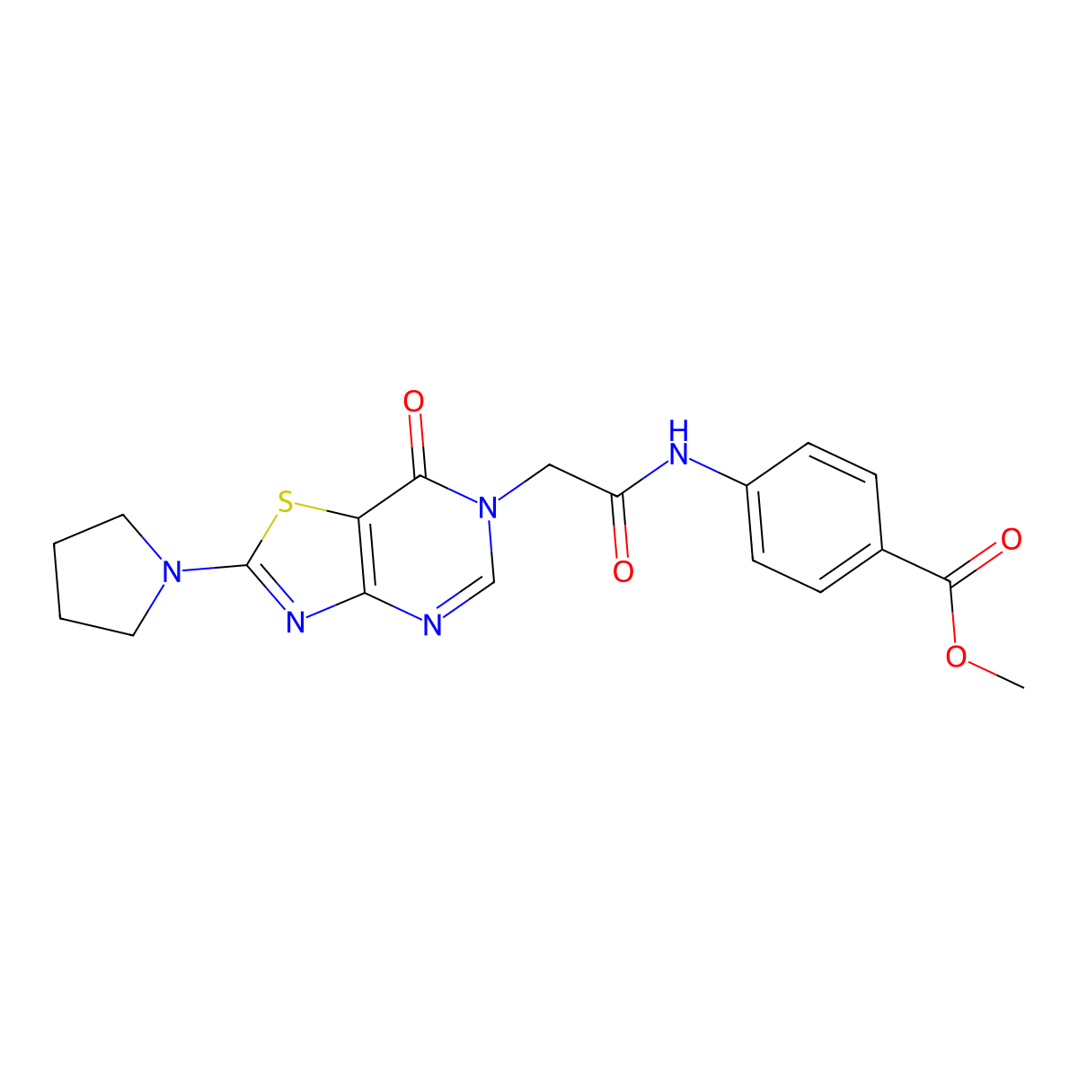 methyl 4-(2-(7-oxo-2-(pyrrolidin-1-yl)thiazolo[4,5-d]pyrimidin-6(7H)-yl)acetamido)benzoate molecular structure, CAS 1223989-47-6