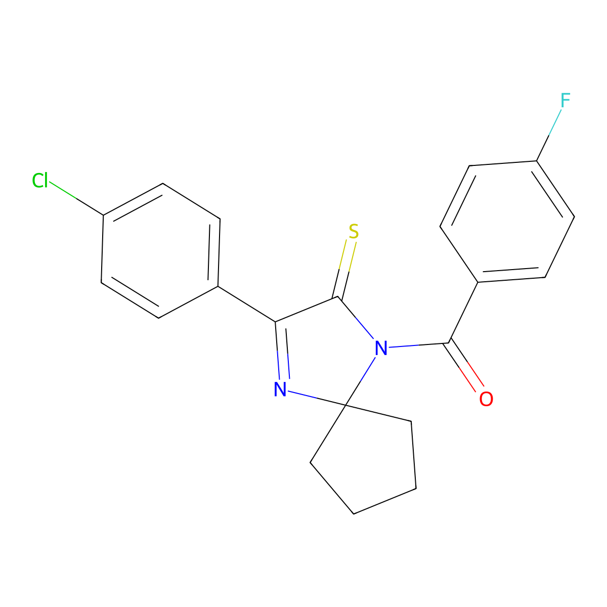 3-(4-Chlorophenyl)-1-(4-fluorobenzoyl)-1,4-diazaspiro[4.4]non-3-ene-2-thione molecular structure, CAS 1223989-99-8