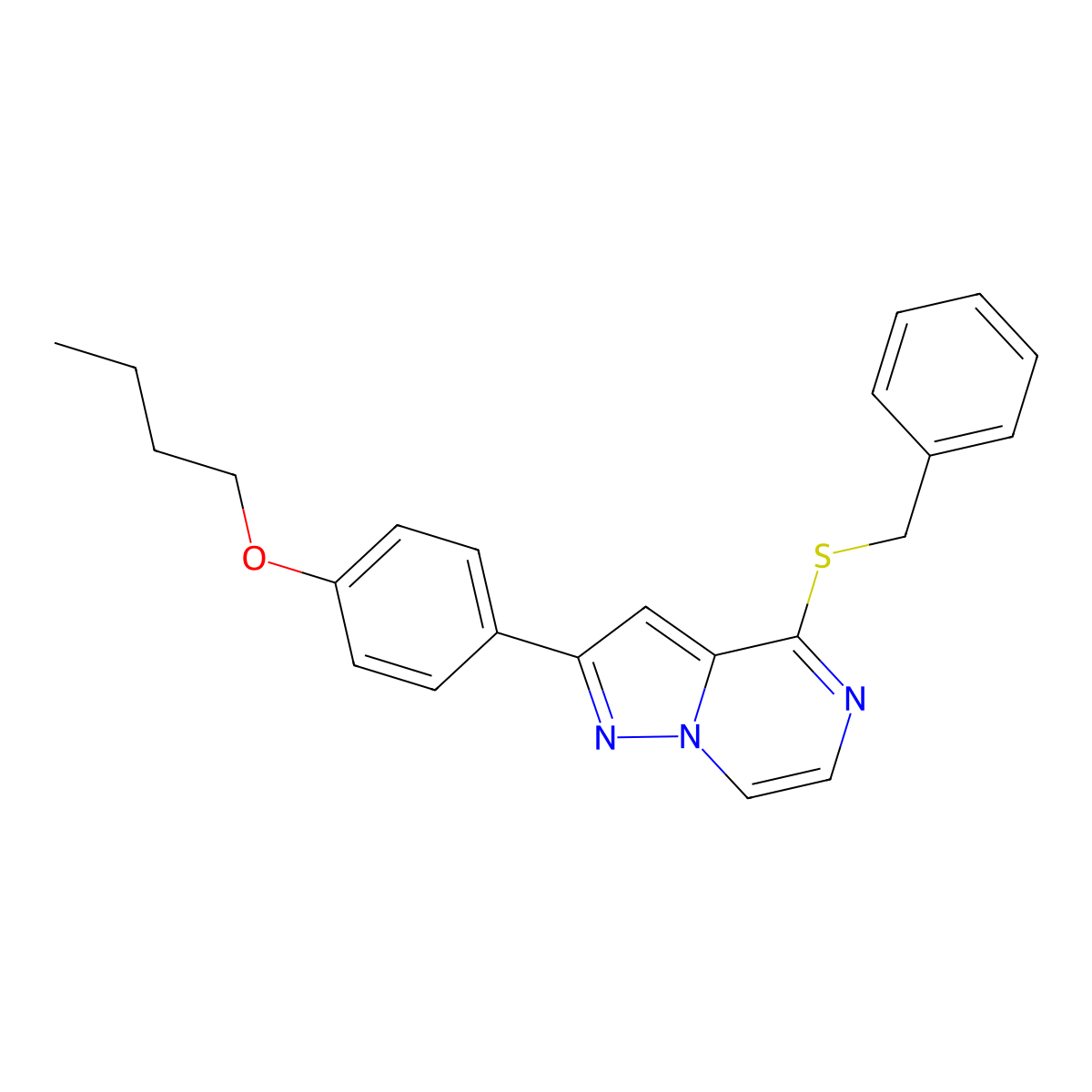 4-(Benzylsulfanyl)-2-(4-butoxyphenyl)pyrazolo[1,5-a]pyrazine molecular structure, CAS 1223991-33-0