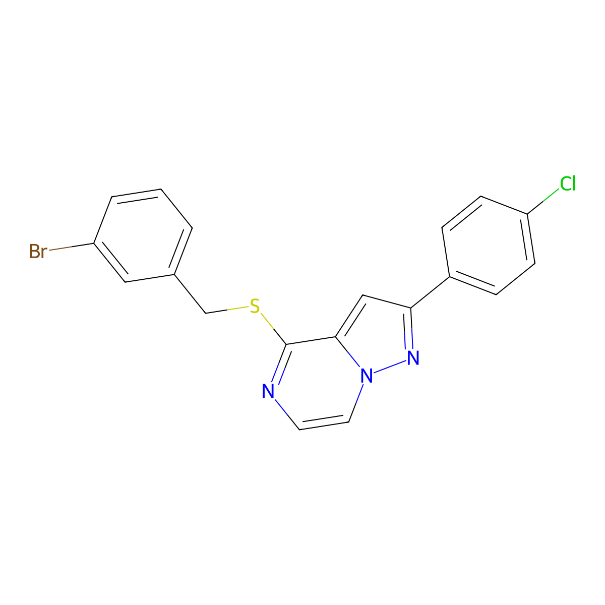 4-[(3-Bromobenzyl)thio]-2-(4-chlorophenyl)pyrazolo[1,5-a]pyrazine molecular structure, CAS 1223992-16-2