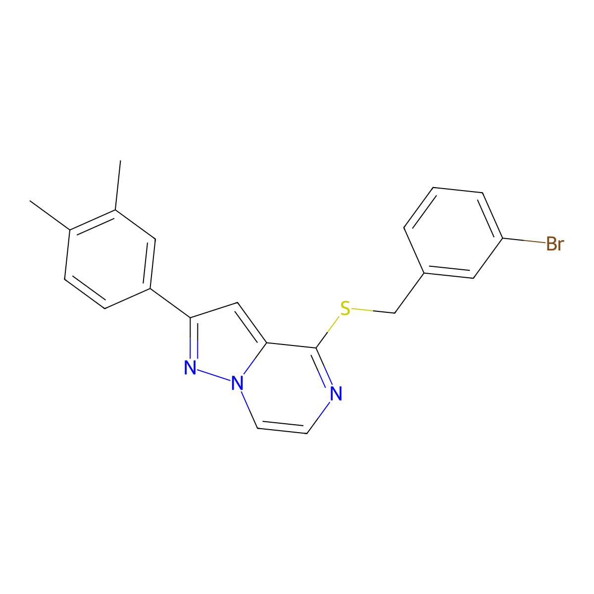 4-((3-Bromobenzyl)thio)-2-(3,4-dimethylphenyl)pyrazolo[1,5-a]pyrazine molecular structure, CAS 1223992-29-7