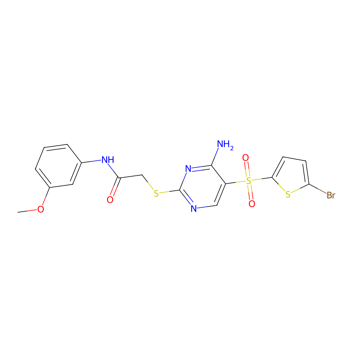 2-((4-amino-5-((5-bromothiophen-2-yl)sulfonyl)pyrimidin-2-yl)thio)-N-(3-methoxyphenyl)acetamide molecular structure, CAS 1223992-67-3