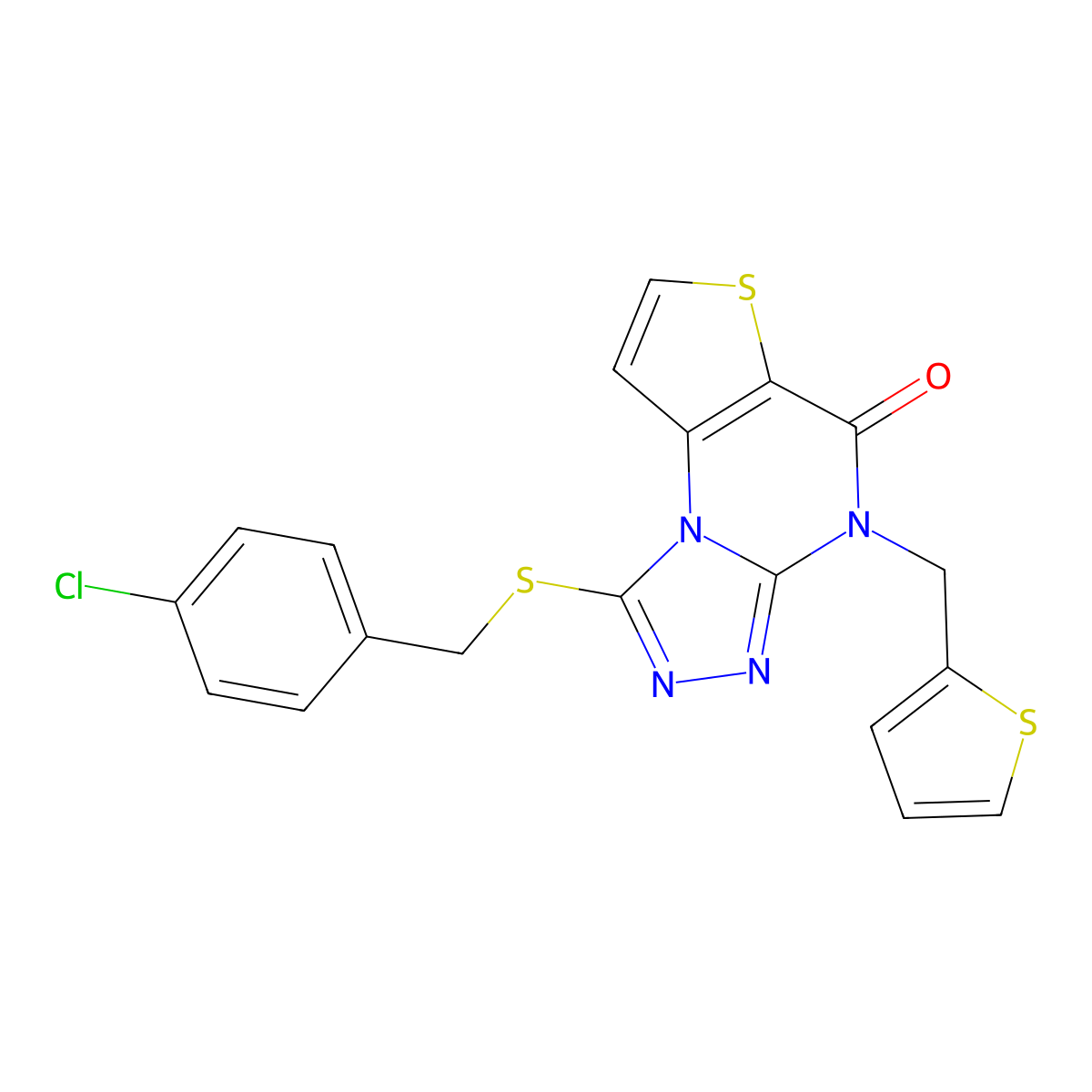 1-((4-chlorobenzyl)thio)-4-(thiophen-2-ylmethyl)thieno[2,3-e][1,2,4]triazolo[4,3-a]pyrimidin-5(4H)-one molecular structure, CAS 1223992-90-2