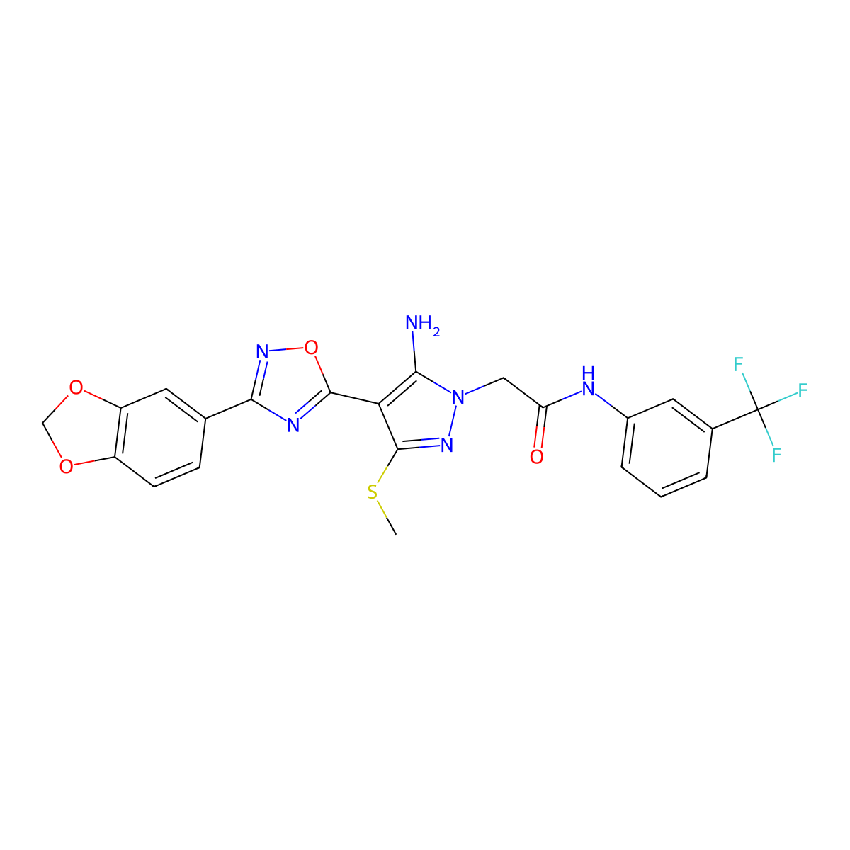 2-(5-amino-4-(3-(benzo[d][1,3]dioxol-5-yl)-1,2,4-oxadiazol-5-yl)-3-(methylthio)-1H-pyrazol-1-yl)-N-(3-(trifluoromethyl)phenyl)acetamide molecular structure, CAS 1223993-21-2
