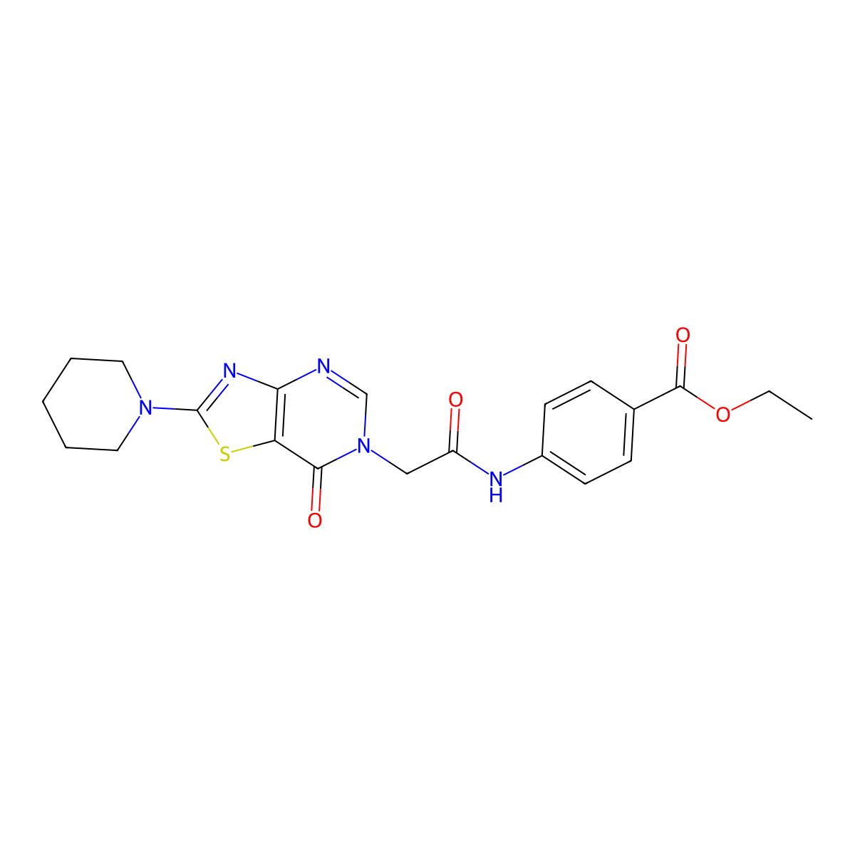 ethyl 4-(2-(7-oxo-2-(piperidin-1-yl)thiazolo[4,5-d]pyrimidin-6(7H)-yl)acetamido)benzoate molecular structure, CAS 1223994-79-3