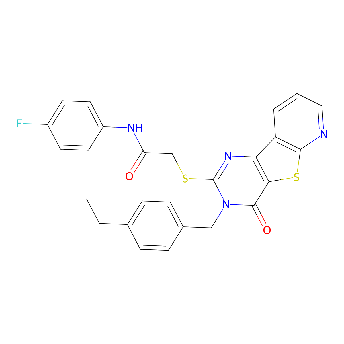 2-({5-[(4-ethylphenyl)methyl]-6-oxo-8-thia-3,5,10-triazatricyclo[7.4.0.0^{2,7}]trideca-1(9),2(7),3,10,12-pentaen-4-yl}sulfanyl)-N-(4-fluorophenyl)acetamide molecular structure, CAS 1223995-85-4