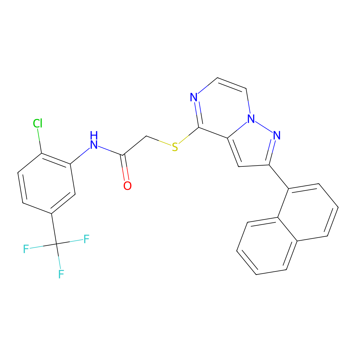 N-[2-Chloro-5-(trifluoromethyl)phenyl]-2-{[2-(naphthalen-1-YL)pyrazolo[1,5-A]pyrazin-4-YL]sulfanyl}acetamide molecular structure, CAS 1223996-19-7