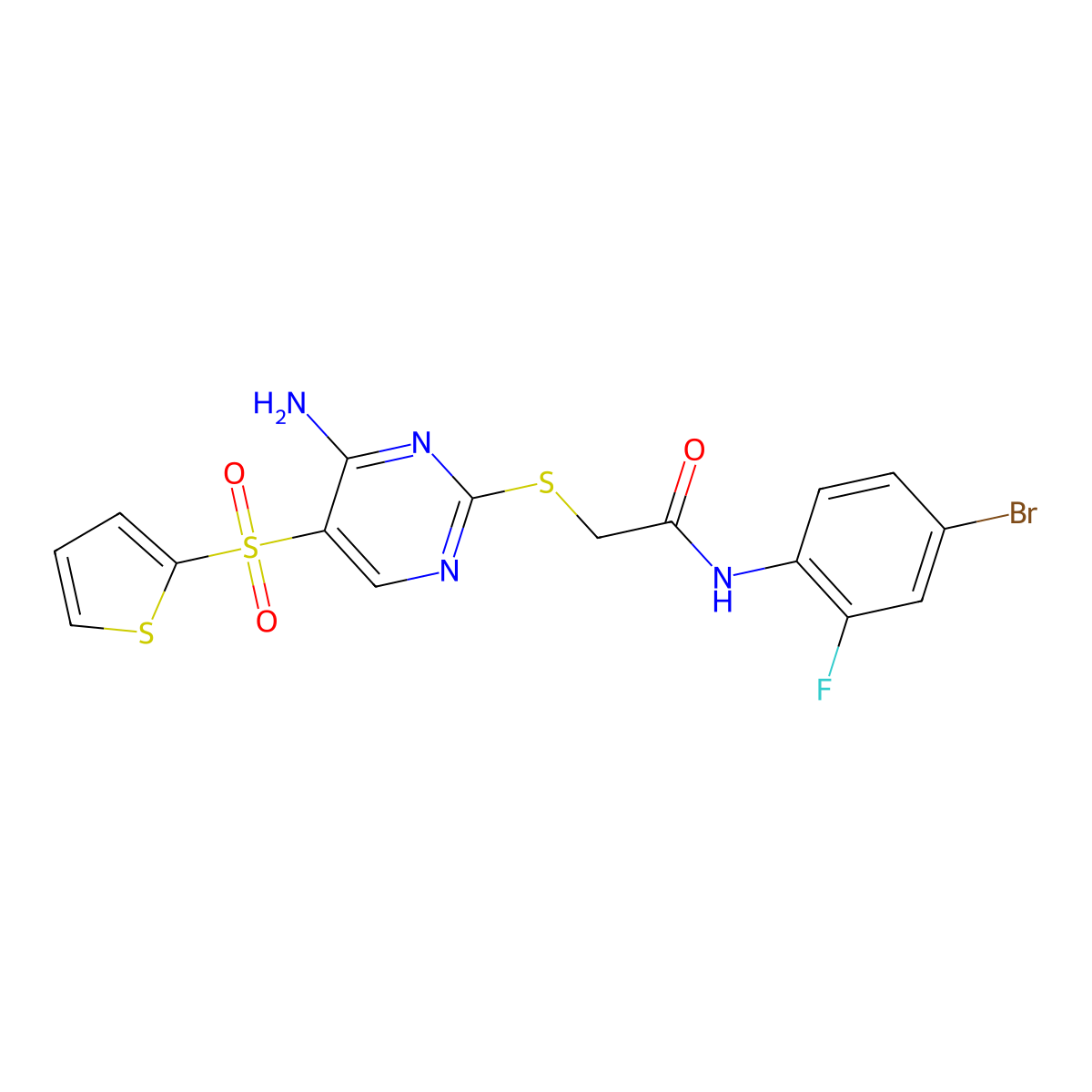 2-{[4-amino-5-(thiophene-2-sulfonyl)pyrimidin-2-yl]sulfanyl}-N-(4-bromo-2-fluorophenyl)acetamide molecular structure, CAS 1223997-32-7