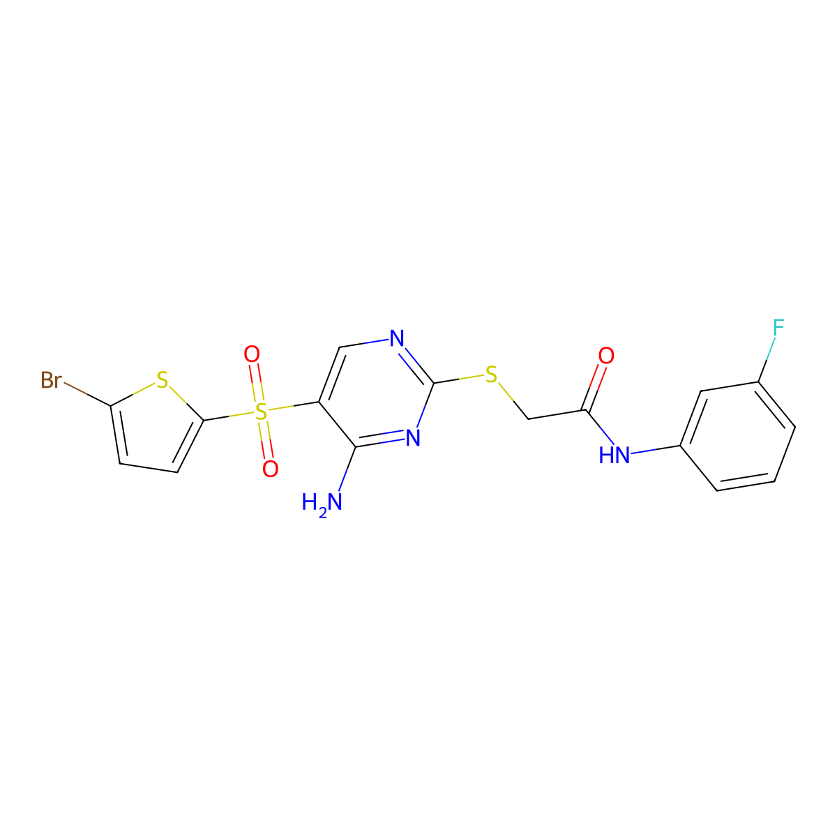 2-({4-amino-5-[(5-bromothiophen-2-yl)sulfonyl]pyrimidin-2-yl}sulfanyl)-N-(3-fluorophenyl)acetamide molecular structure, CAS 1223998-42-2