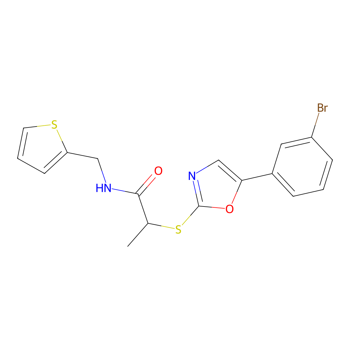 2-((5-(3-bromophenyl)oxazol-2-yl)thio)-N-(thiophen-2-ylmethyl)propanamide molecular structure, CAS 1223999-98-1