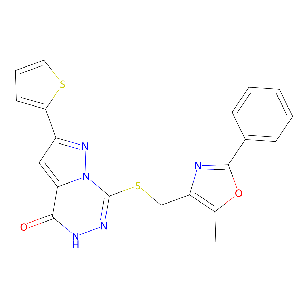 7-{[(5-methyl-2-phenyl-1,3-oxazol-4-yl)methyl]sulfanyl}-2-(thiophen-2-yl)-4H,5H-pyrazolo[1,5-d][1,2,4]triazin-4-one molecular structure, CAS 1224000-49-0