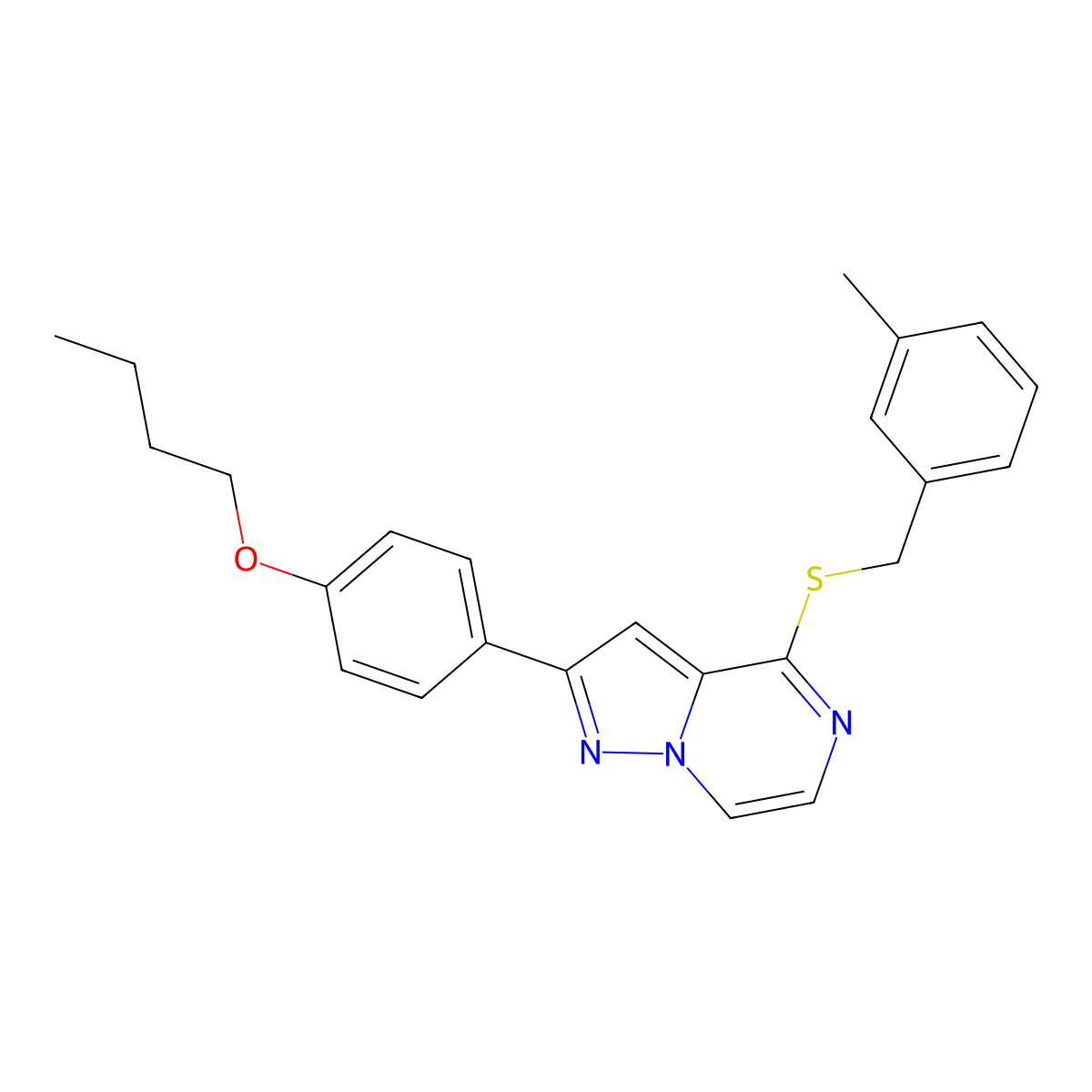 2-(4-Butoxyphenyl)-4-{[(3-methylphenyl)methyl]sulfanyl}pyrazolo[1,5-A]pyrazine molecular structure, CAS 1224000-72-9