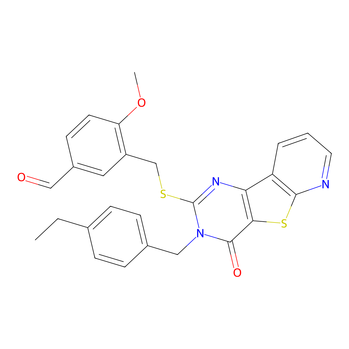 3-(((3-(4-Ethylbenzyl)-4-oxo-3,4-dihydropyrido[3',2':4,5]thieno[3,2-d]pyrimidin-2-yl)thio)methyl)-4-methoxybenzaldehyde molecular structure, CAS 1224002-68-9