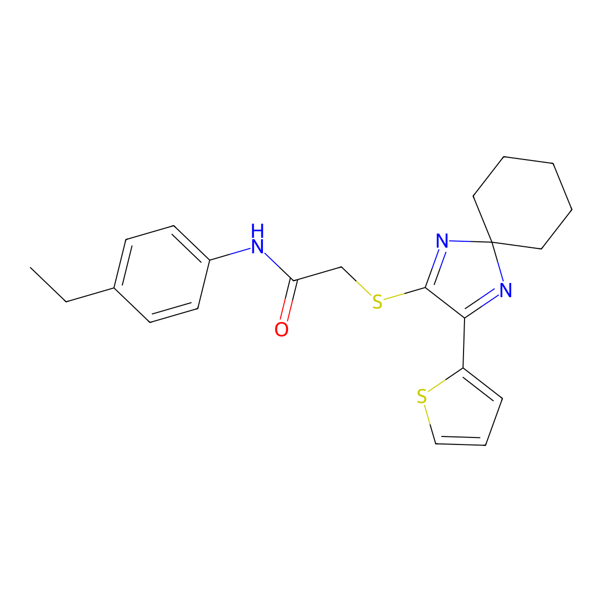 N-(4-ethylphenyl)-2-((3-(thiophen-2-yl)-1,4-diazaspiro[4.5]deca-1,3-dien-2-yl)thio)acetamide molecular structure, CAS 1224003-17-1