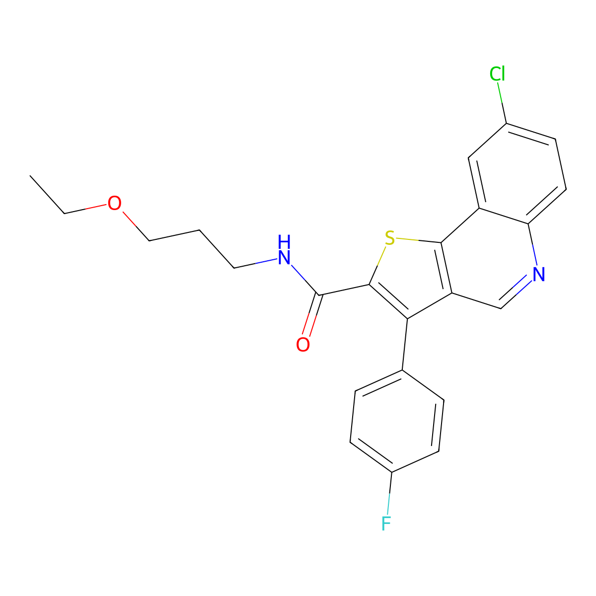 8-chloro-N-(3-ethoxypropyl)-3-(4-fluorophenyl)thieno[3,2-c]quinoline-2-carboxamide molecular structure, CAS 1224003-91-1