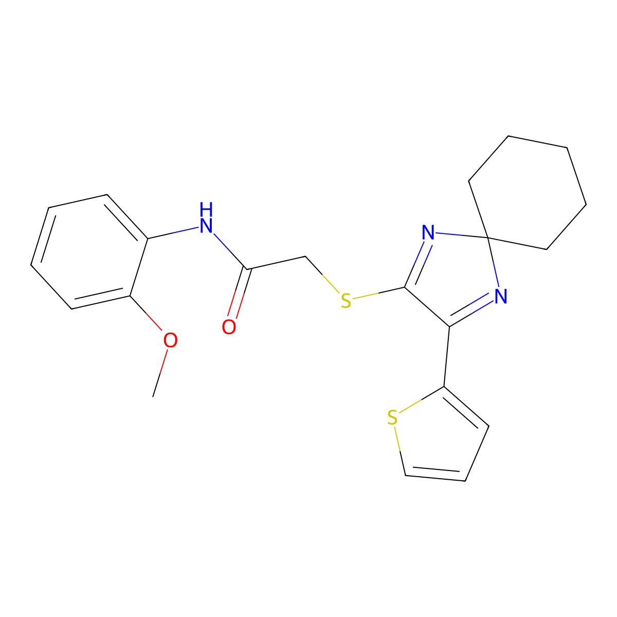 N-(2-methoxyphenyl)-2-((3-(thiophen-2-yl)-1,4-diazaspiro[4.5]deca-1,3-dien-2-yl)thio)acetamide molecular structure, CAS 1224004-48-1
