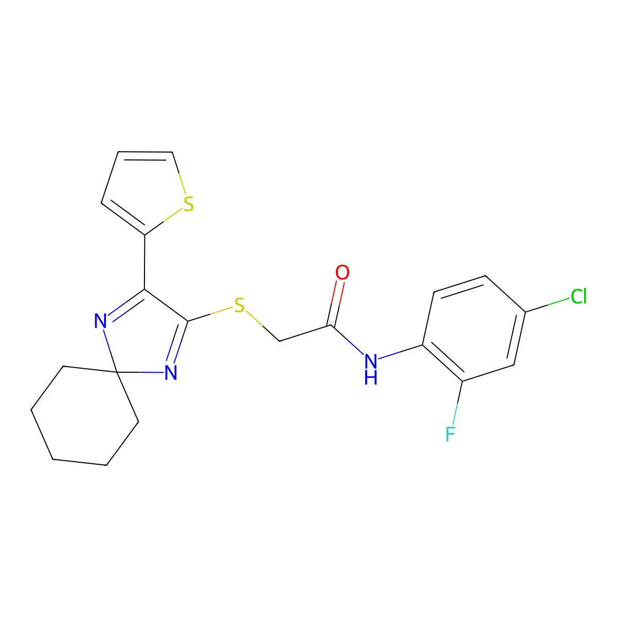 N-(4-chloro-2-fluorophenyl)-2-((3-(thiophen-2-yl)-1,4-diazaspiro[4.5]deca-1,3-dien-2-yl)thio)acetamide molecular structure, CAS 1224005-21-3
