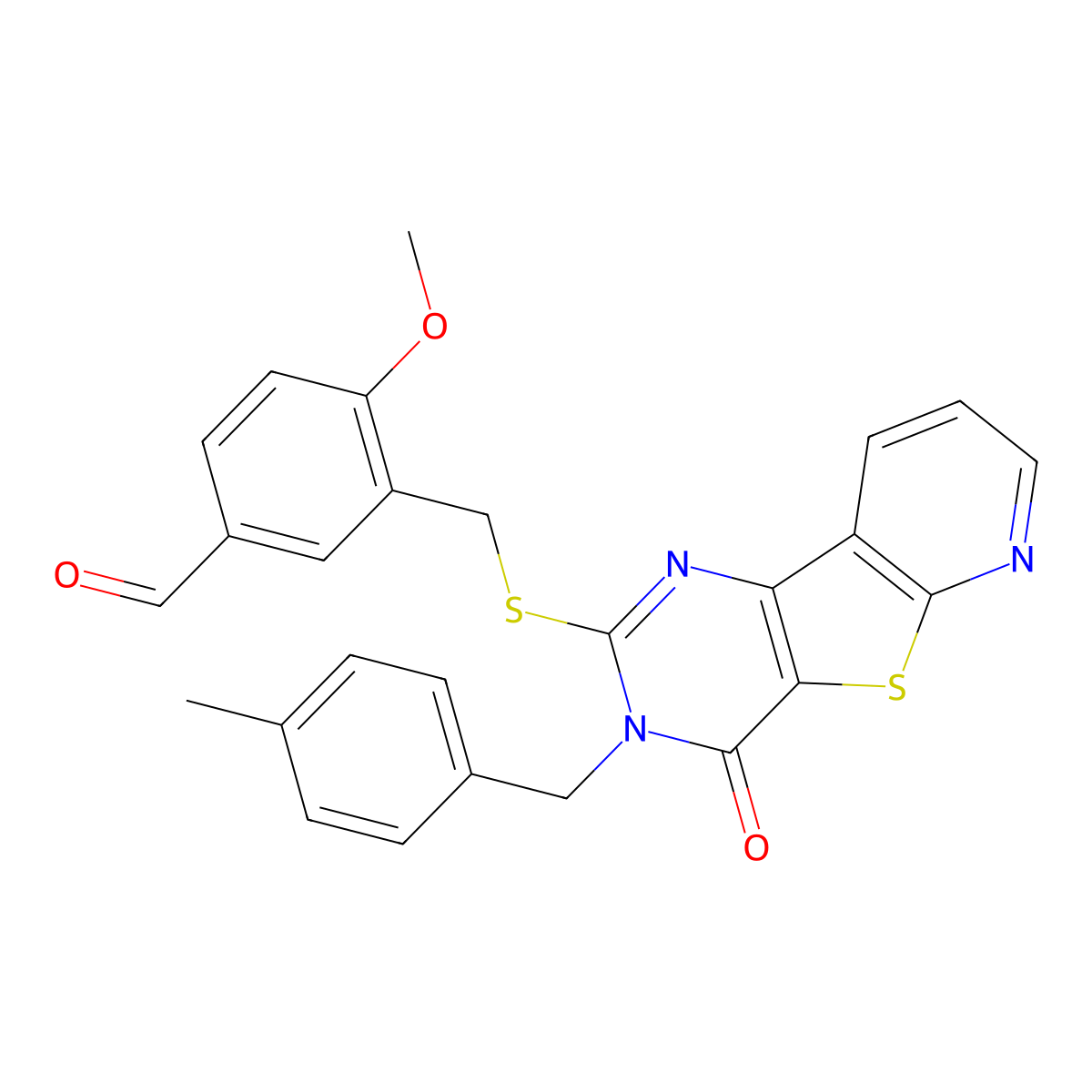 4-Methoxy-3-(((3-(4-methylbenzyl)-4-oxo-3,4-dihydropyrido[3',2':4,5]thieno[3,2-d]pyrimidin-2-yl)thio)methyl)benzaldehyde molecular structure, CAS 1224005-44-0