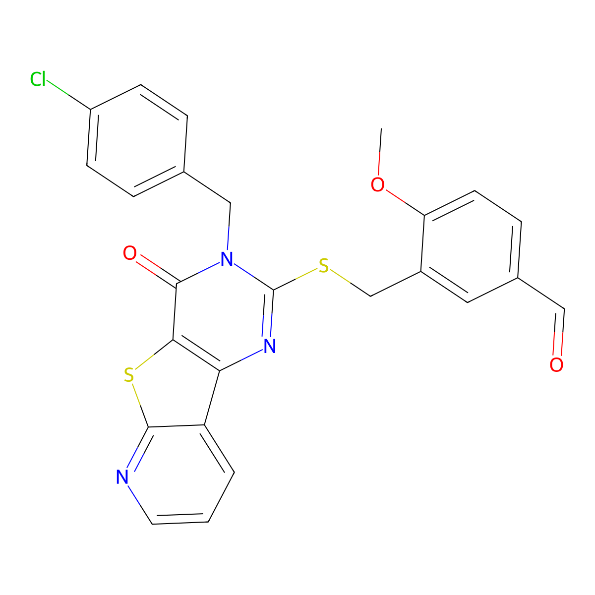 3-(((3-(4-Chlorobenzyl)-4-oxo-3,4-dihydropyrido[3',2':4,5]thieno[3,2-d]pyrimidin-2-yl)thio)methyl)-4-methoxybenzaldehyde molecular structure, CAS 1224007-85-5