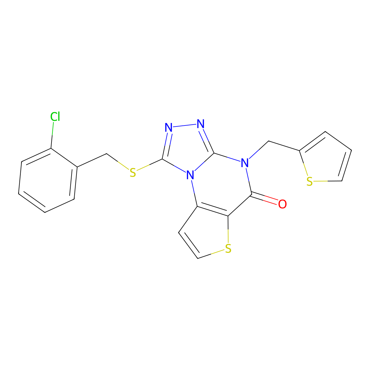 1-((2-chlorobenzyl)thio)-4-(thiophen-2-ylmethyl)thieno[2,3-e][1,2,4]triazolo[4,3-a]pyrimidin-5(4H)-one molecular structure, CAS 1224008-22-3