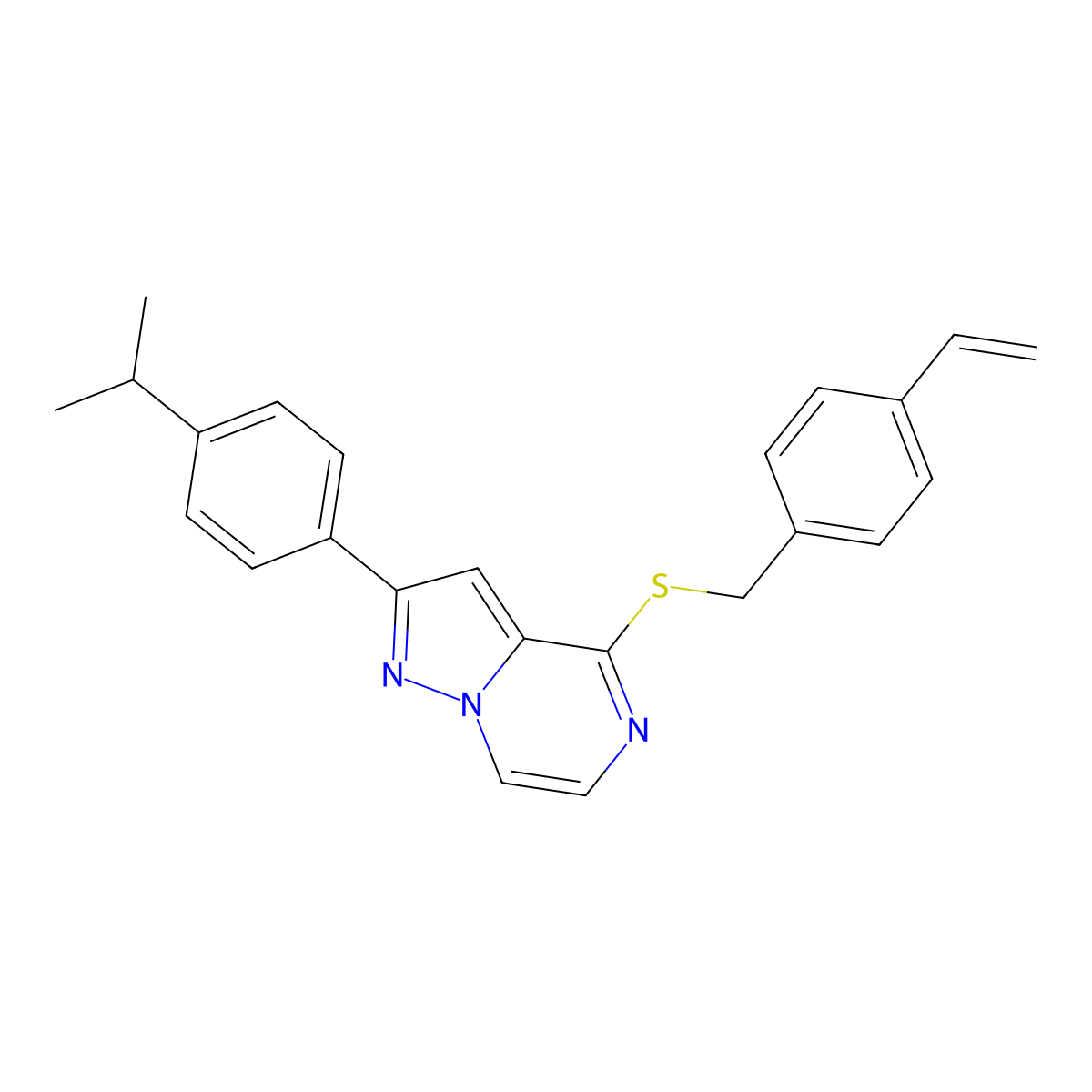 2-(4-Isopropylphenyl)-4-[(4-vinylbenzyl)thio]pyrazolo[1,5-a]pyrazine molecular structure, CAS 1224008-31-4