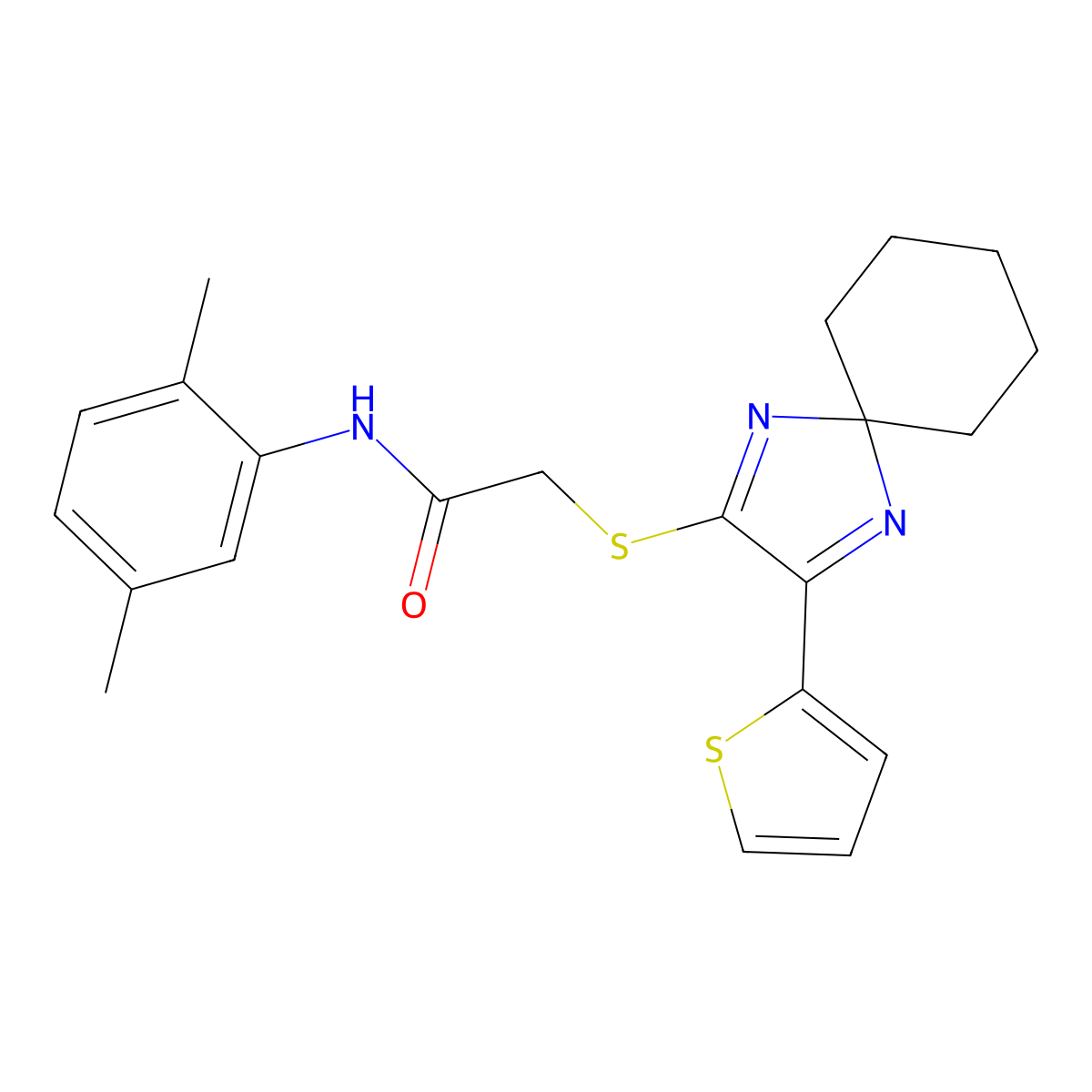 N-(2,5-dimethylphenyl)-2-((3-(thiophen-2-yl)-1,4-diazaspiro[4.5]deca-1,3-dien-2-yl)thio)acetamide molecular structure, CAS 1224010-95-0