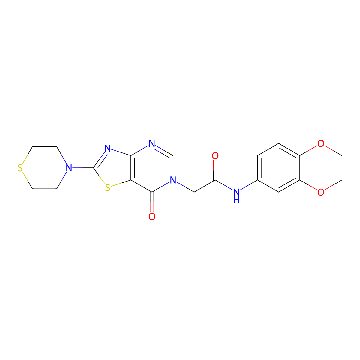 N-(2,3-dihydrobenzo[b][1,4]dioxin-6-yl)-2-(7-oxo-2-thiomorpholinothiazolo[4,5-d]pyrimidin-6(7H)-yl)acetamide molecular structure, CAS 1224014-38-3