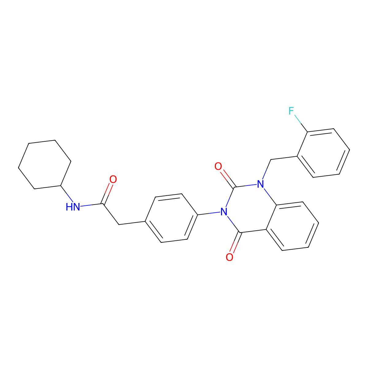 N-cyclohexyl-2-(4-(1-(2-fluorobenzyl)-2,4-dioxo-1,2-dihydroquinazolin-3(4H)-yl)phenyl)acetamide molecular structure, CAS 1224015-00-2
