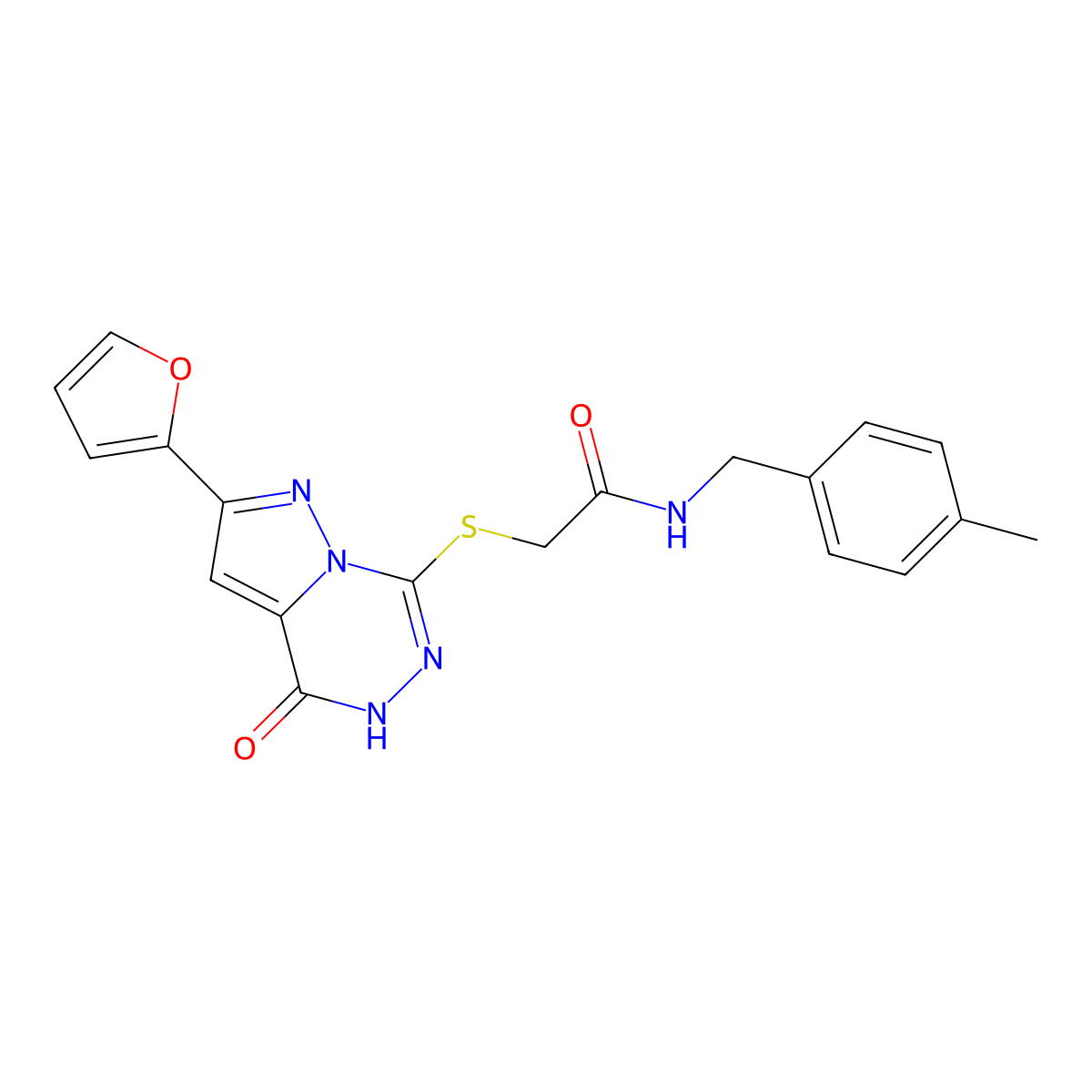 2-{[2-(furan-2-yl)-4-oxo-4H,5H-pyrazolo[1,5-d][1,2,4]triazin-7-yl]sulfanyl}-N-[(4-methylphenyl)methyl]acetamide molecular structure, CAS 1224015-54-6
