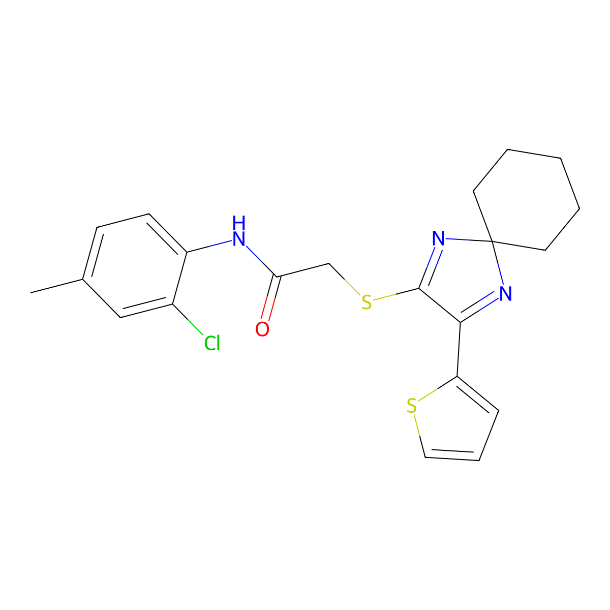 N-(2-chloro-4-methylphenyl)-2-((3-(thiophen-2-yl)-1,4-diazaspiro[4.5]deca-1,3-dien-2-yl)thio)acetamide molecular structure, CAS 1224015-57-9