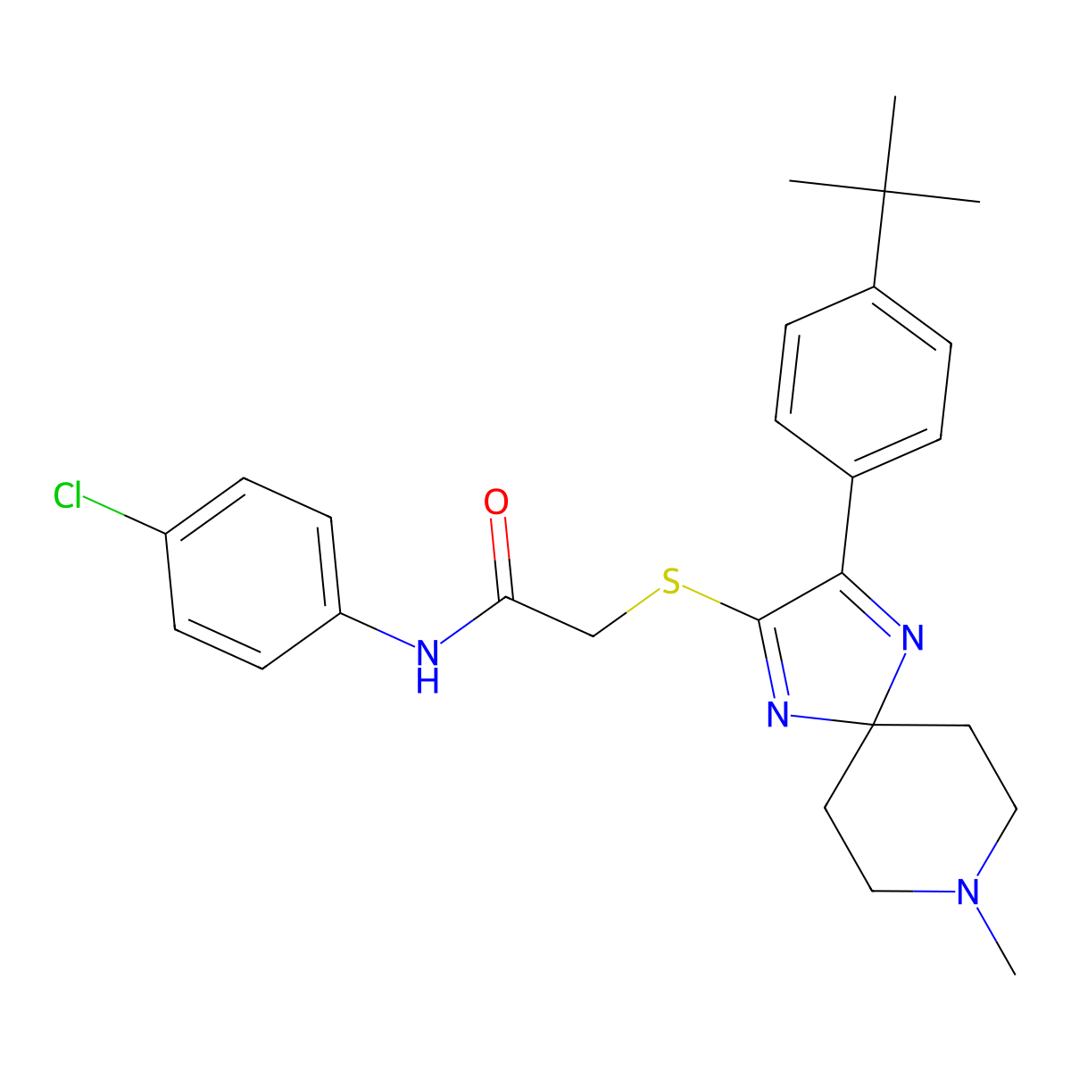 2-{[3-(4-tert-butylphenyl)-8-methyl-1,4,8-triazaspiro[4.5]deca-1,3-dien-2-yl]sulfanyl}-N-(4-chlorophenyl)acetamide molecular structure, CAS 1224016-03-8