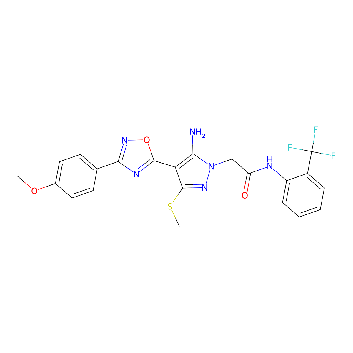 2-(5-amino-4-(3-(4-methoxyphenyl)-1,2,4-oxadiazol-5-yl)-3-(methylthio)-1H-pyrazol-1-yl)-N-(2-(trifluoromethyl)phenyl)acetamide molecular structure, CAS 1224017-66-6