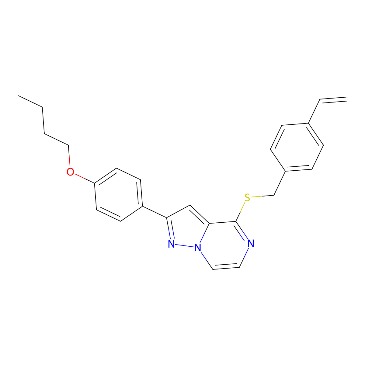 2-(4-Butoxyphenyl)-4-[(4-vinylbenzyl)thio]pyrazolo[1,5-a]pyrazine molecular structure, CAS 1224017-67-7