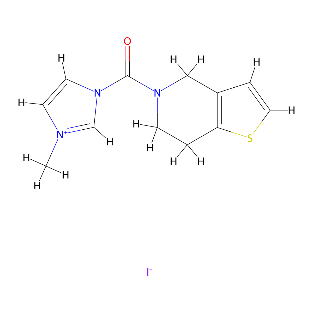 3-methyl-1-{4H,5H,6H,7H-thieno[3,2-c]pyridine-5-carbonyl}-1H-imidazol-3-ium iodide molecular structure, CAS 1224101-97-6