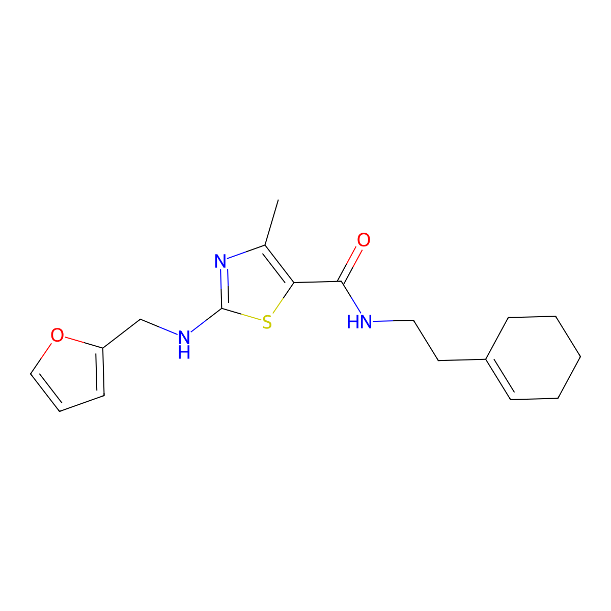 N-[2-(cyclohex-1-en-1-yl)ethyl]-2-[(furan-2-ylmethyl)amino]-4-methyl-1,3-thiazole-5-carboxamide molecular structure, CAS 1224129-86-5