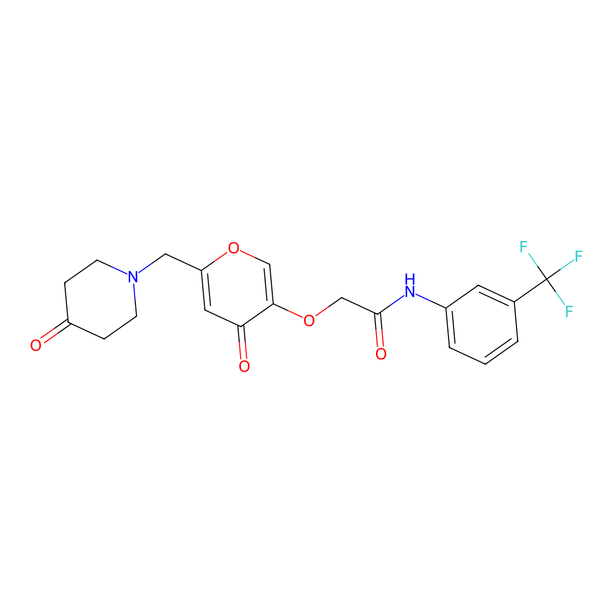 2-({4-oxo-6-[(4-oxopiperidin-1-yl)methyl]-4H-pyran-3-yl}oxy)-N-[3-(trifluoromethyl)phenyl]acetamide molecular structure, CAS 1224159-47-0
