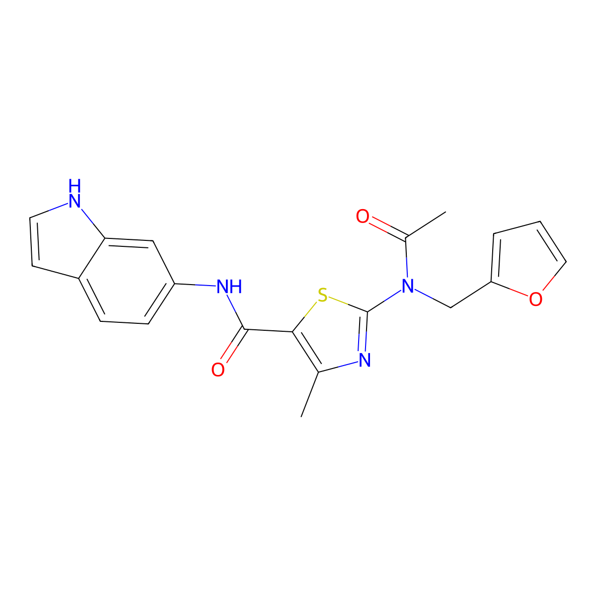 2-[acetyl(2-furylmethyl)amino]-N-(1H-indol-6-yl)-4-methyl-1,3-thiazole-5-carboxamide molecular structure, CAS 1224160-37-5