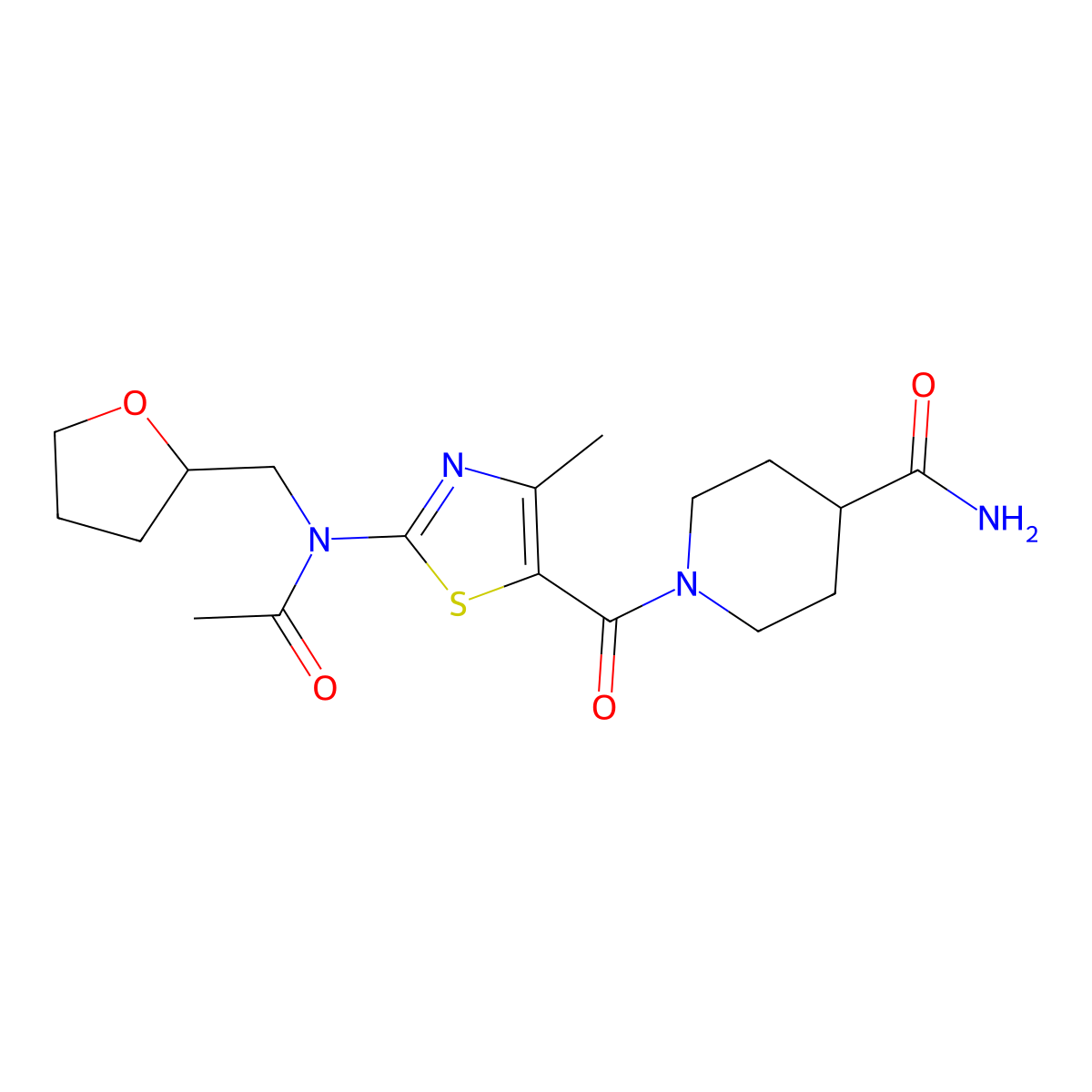1-({2-[Acetyl(tetrahydrofuran-2-ylmethyl)amino]-4-methyl-1,3-thiazol-5-yl}carbonyl)piperidine-4-carboxamide molecular structure, CAS 1224162-44-0