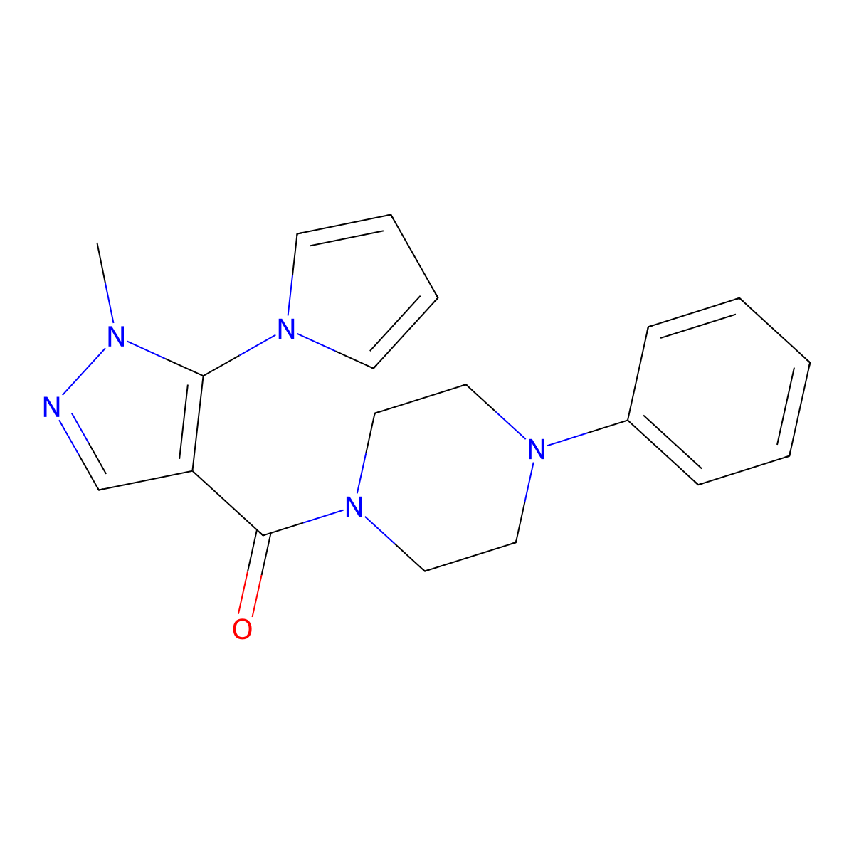 (1-methyl-5-(1H-pyrrol-1-yl)-1H-pyrazol-4-yl)(4-phenylpiperazin-1-yl)methanone molecular structure, CAS 1224162-79-1