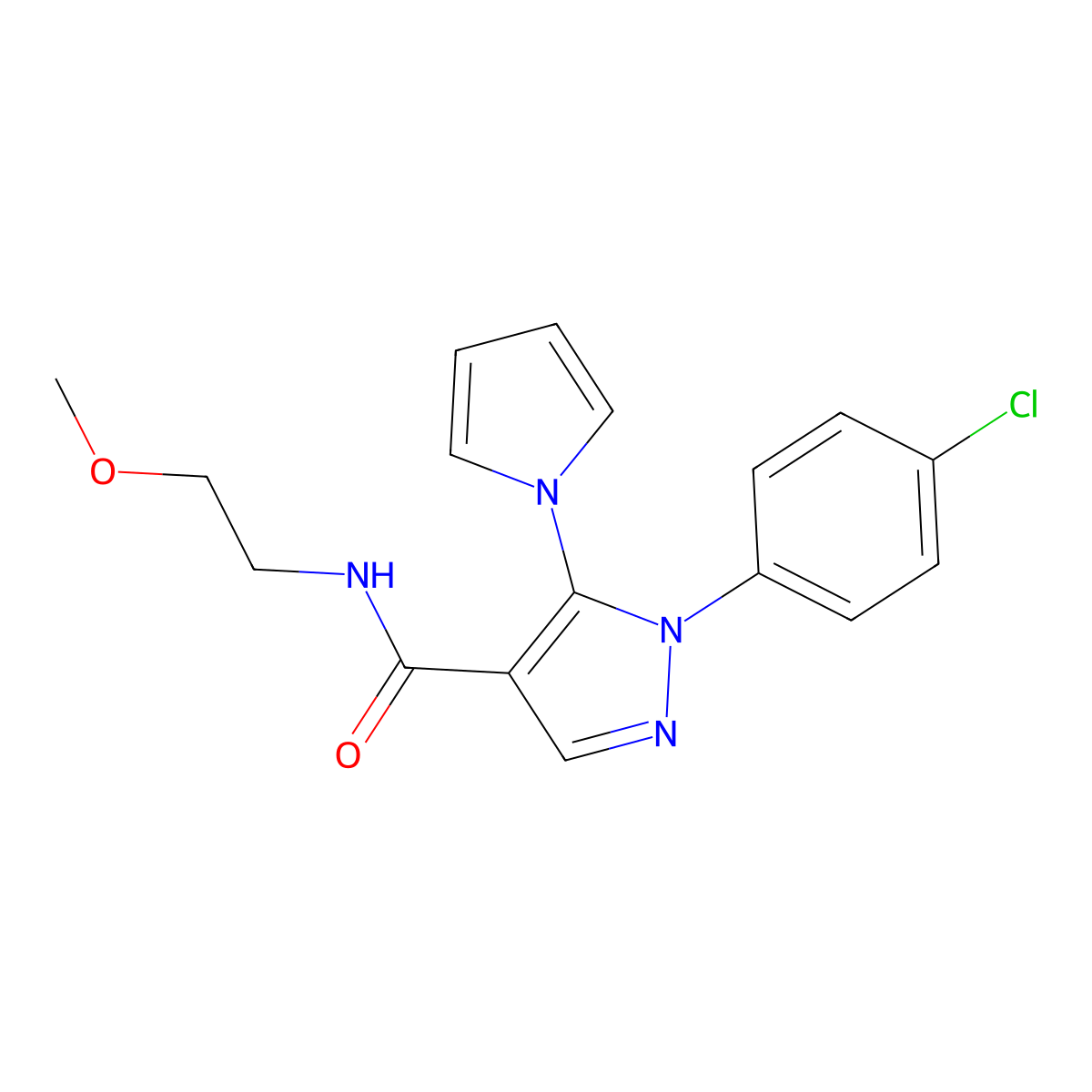 1-(4-chlorophenyl)-N-(2-methoxyethyl)-5-(1H-pyrrol-1-yl)-1H-pyrazole-4-carboxamide molecular structure, CAS 1224167-31-0