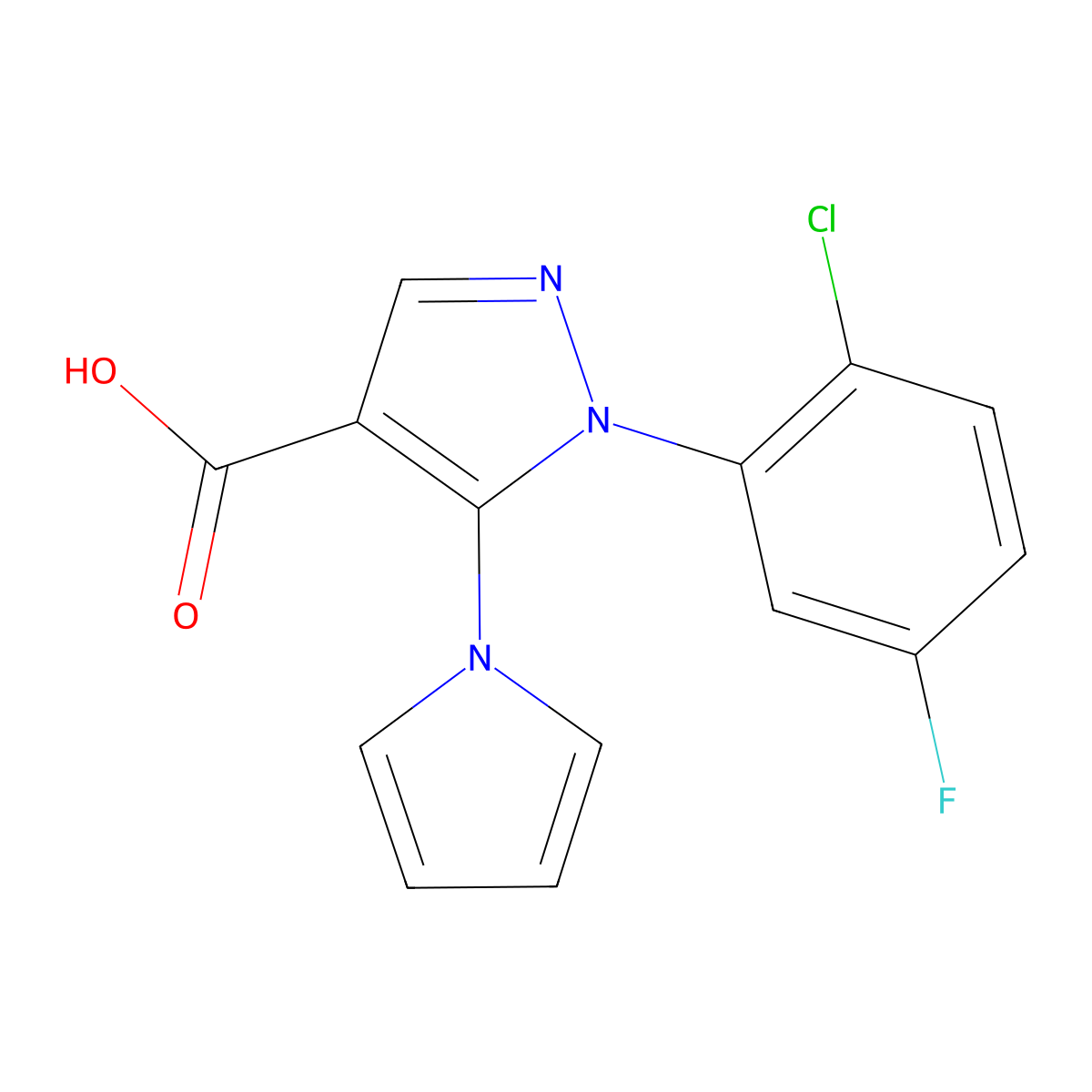 1-(2-chloro-5-fluorophenyl)-5-(1H-pyrrol-1-yl)-1H-pyrazole-4-carboxylic acid molecular structure, CAS 1224168-17-5