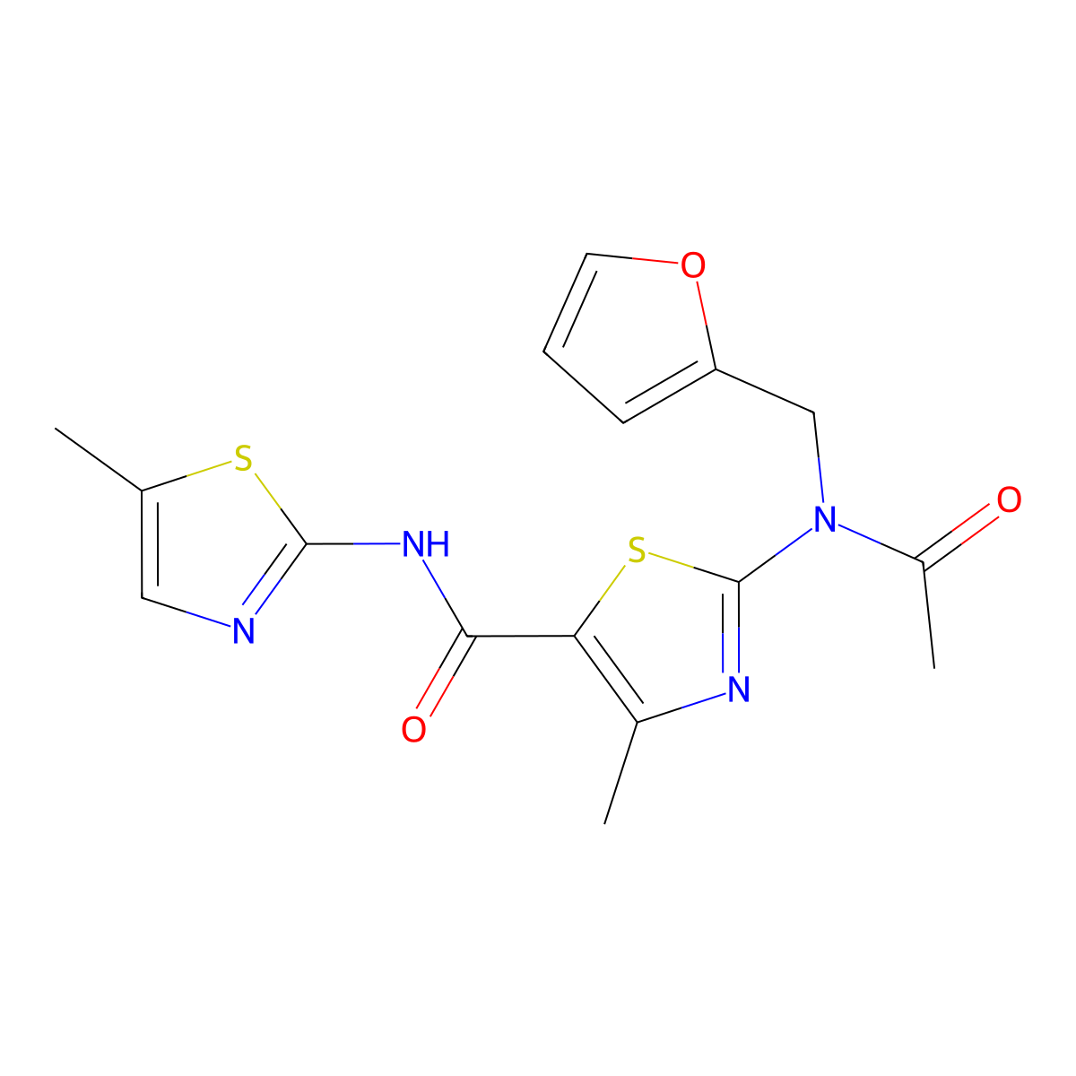 2-[acetyl(furan-2-ylmethyl)amino]-4-methyl-N-(5-methyl-1,3-thiazol-2-yl)-1,3-thiazole-5-carboxamide molecular structure, CAS 1224169-04-3