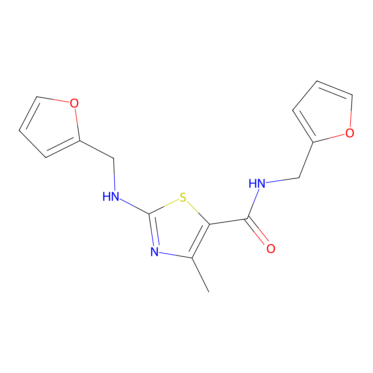 N-(furan-2-ylmethyl)-2-[(furan-2-ylmethyl)amino]-4-methyl-1,3-thiazole-5-carboxamide molecular structure, CAS 1224169-49-6