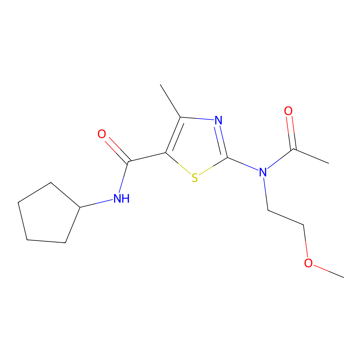 2-[acetyl(2-methoxyethyl)amino]-N-cyclopentyl-4-methyl-1,3-thiazole-5-carboxamide molecular structure, CAS 1224170-52-8