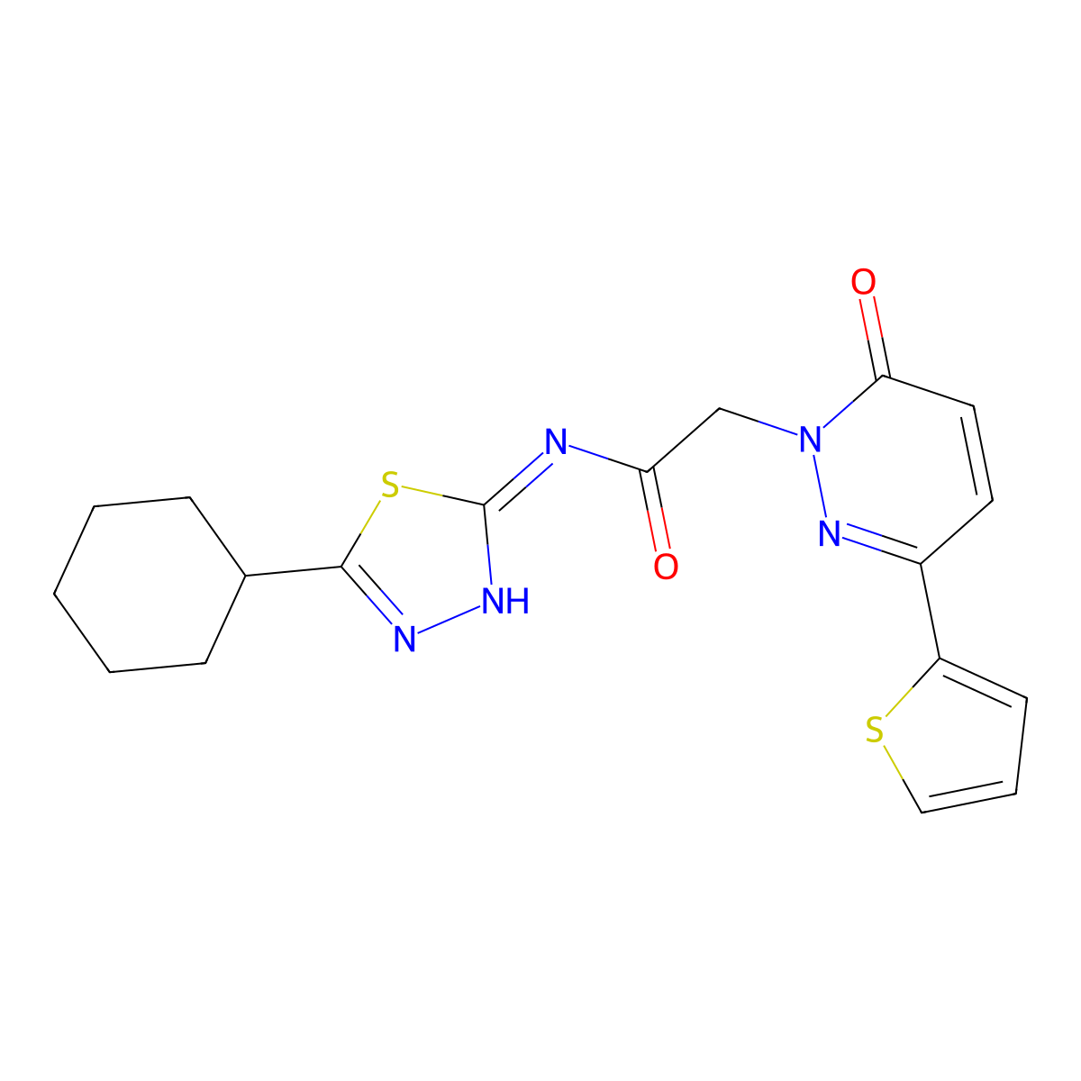 N-[(2E)-5-cyclohexyl-1,3,4-thiadiazol-2(3H)-ylidene]-2-[6-oxo-3-(thiophen-2-yl)pyridazin-1(6H)-yl]acetamide molecular structure, CAS 1224172-81-9