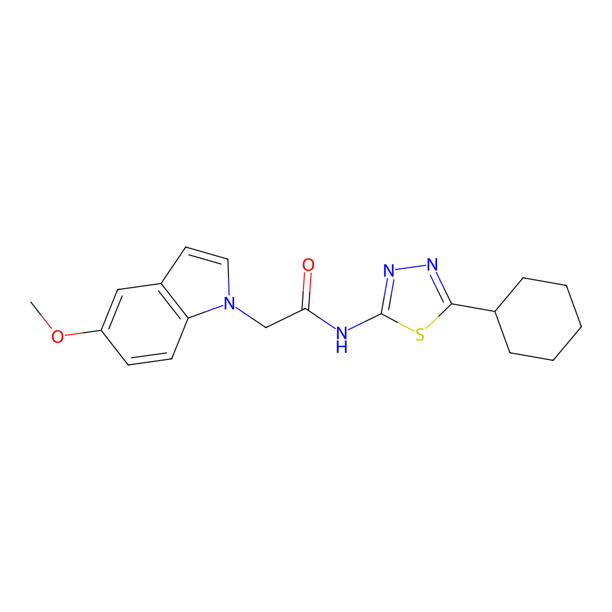 N-(5-cyclohexyl-1,3,4-thiadiazol-2-yl)-2-(5-methoxy-1H-indol-1-yl)acetamide molecular structure, CAS 1224172-90-0